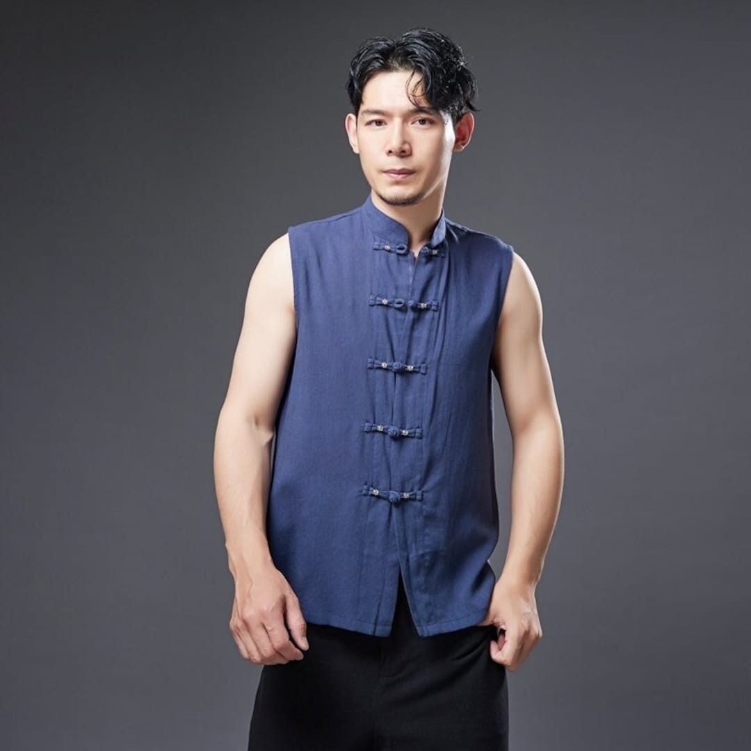 Camisa tradicional china de hombre. Top vintage masculino. -