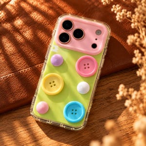 Funda Transparente con Botones 3D, Diseño Redondo Multicolor, Estilo Pastel