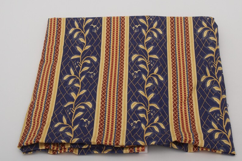 80s flower leaves strips fabric dark blue yellow brown Kitchen Cotton Vintage Fabric