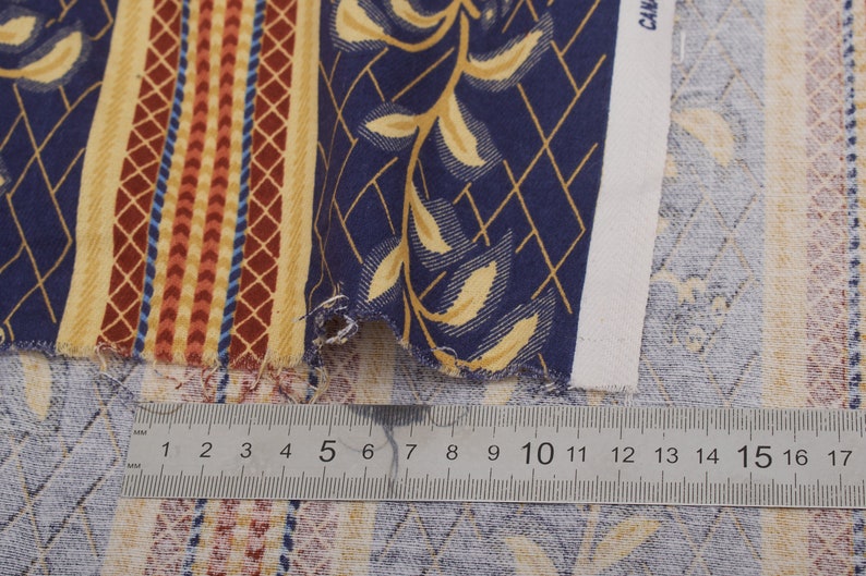 80s flower leaves strips fabric dark blue yellow brown Kitchen Cotton Vintage Fabric