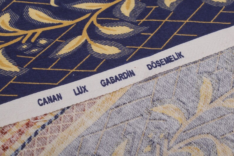 80s flower leaves strips fabric dark blue yellow brown Kitchen Cotton Vintage Fabric