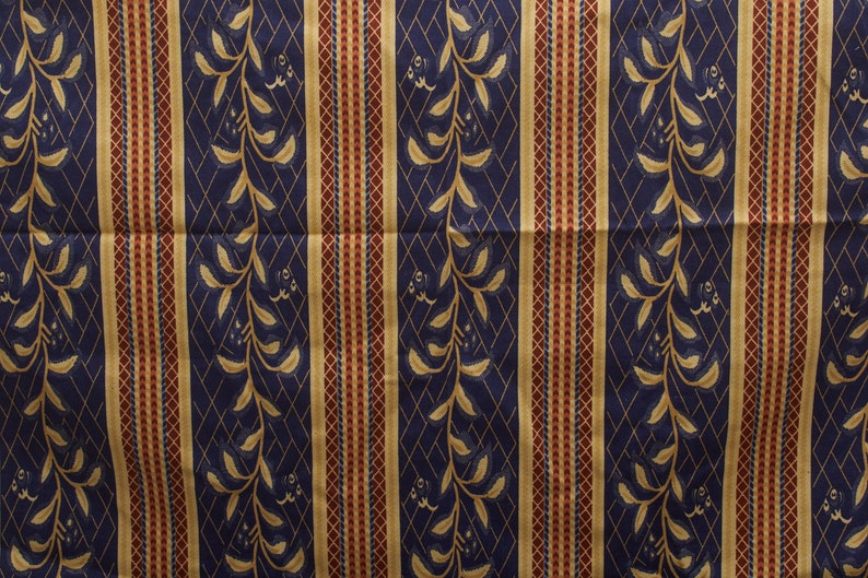 80s flower leaves strips fabric dark blue yellow brown Kitchen Cotton Vintage Fabric