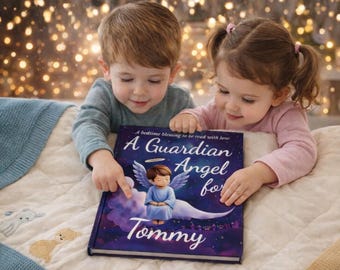 May include: Two young children are looking at a book titled "A Guardian Angel for Tommy." The book cover features an illustration of an angel and the text "A bedtime blessing to be read with love."