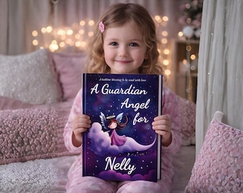 May include: A young girl holds a book titled "A Guardian Angel for Nelly." The book cover features an illustration of an angel on a cloud against a starry night sky. The book is purple and white.