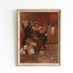 Op de afbeelding: Een ingelijst olieverfschilderij dat twee mannen toont die muziek maken in een kamer. De man links speelt cello, terwijl de man rechts viool speelt. Het schilderij is gesitueerd in een warme, uitnodigende ruimte met een houten vloer en een paar meubels.