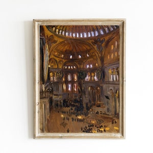 May include: A framed print of an interior architectural painting. The artwork depicts a large, domed structure with arched windows and a gathering of people. The color palette is dominated by warm browns and golds, with highlights of light.