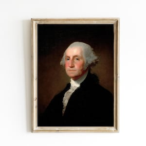 May include: A framed portrait of George Washington, the first president of the United States. The portrait is painted in a realistic style and shows Washington in a dark suit with a white cravat. He has a powdered wig and a serious expression on his face.