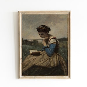 Camille Corot - Frau liest Printable | Stimmungsvolle weibliche Kunst | Bibliophile Malerei | Bücherwurm | Feministische Malerei | Lesendes Mädchen, Portrait