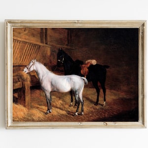 Jacques-Laurent Agasse - A Grey Pony and a Black Charger in a Stable Printable | Equestrian Painting | Equestrian Gift | English Manor Art