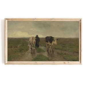 May include: A painting of a woman in a dark cloak walking with two cows through a muddy field. The sky is overcast and the ground is wet. The cows are white with black markings.