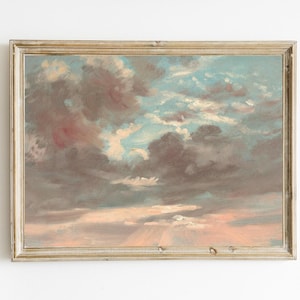 Könnte beinhalten: Ein gerahmtes Gemälde eines bewölkten Himmels in Rosa-, Blau- und Grautönen. Die Wolken sind in einem lockeren, impressionistischen Stil gemalt.