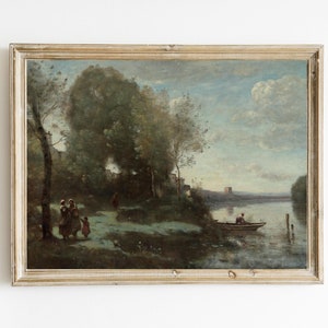 May include: A framed oil painting depicting a rural landscape with a river, trees, and figures in the foreground. The sky is a light blue with white clouds. The painting is in a light wood frame.