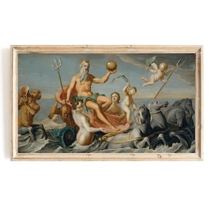 May include: A painting depicting the Greek god Poseidon, riding a chariot pulled by four horses, with a trident in his hand and a crown on his head. The painting is set against a blue sky with clouds and features other figures, including a cherub and a sea nymph.