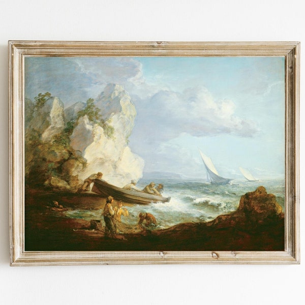 Thomas Gainsborough - Seashore with Fishermen Printable | Vintage Sailboat Painting | Fine Art Print | Seascape Painting | Fishing Boats