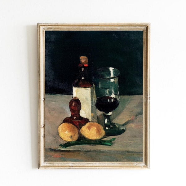 Paul Cézanne - Still Life with Bottle, Glass, and Lemons Printable | 19th Century Painting | French Country Kitchen | Rustic Moody Fine Art