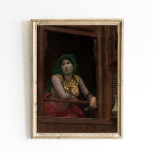 Woman at a Balcony by Jean-Leon Gerome Printable | Cairo Egypt | Islamic Woman | Courtesan Woman | Egyptian Woman | Vintage Arabic Woman