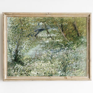 May include: A framed painting depicting a landscape with a bridge spanning a river. The artwork is executed in an Impressionistic style, featuring loose brushstrokes and vivid colours. The scene is dominated by verdant greenery, with trees and foliage surrounding the bridge and river.