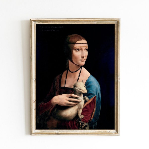 Lady with an Ermine by Leonardo da Vinci Printable | Renaissance Art | Antique Oil Painting | Portrait of a woman | Famous Museum Print