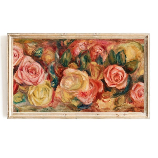 Renoir Samsung Frame TV Art | Pink and Red Roses Art for Frame TV | Art for Frame TV | Impressionist Frame Tv Art | Feminine Floral Tv Art