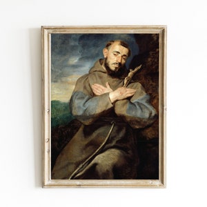 May include: A painting of a man in a brown robe with a blue undergarment, holding a crucifix. The man has a beard and is looking down. The background is a dark landscape with a cloudy sky.