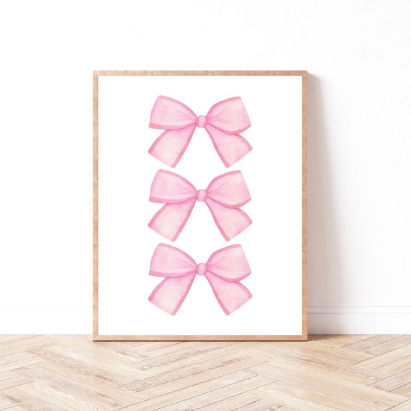 Watercolor Pink Bow Trio Art Print | Instant Download | Grand Millennial | Feminine Dainty Illustration | Nursery Room Decor | Kids Room