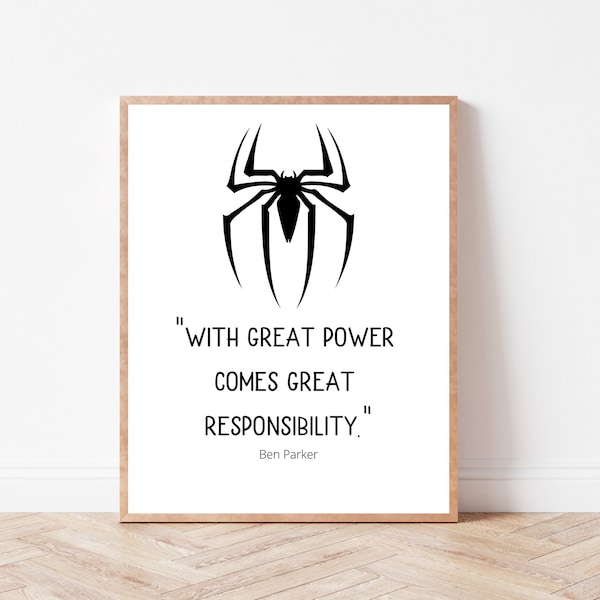 With Great Responsibility Comes Great Power | Superhero | Marvel | Spiderman | Kids Room | Spider Man | Avengers | Typography | Boy Room