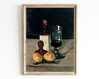 Paul Cézanne - Still Life with Bottle, Glass, and Lemons Printable | 19th Century Painting | French Country Kitchen | Rustic Moody Fine Art