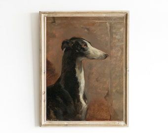 May include: A framed oil painting of a black and white Greyhound dog with brown eyes, looking to the right. The dog is painted against a brown background.