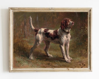 May include: A framed oil painting of a brown and white dog standing in a forest setting. The dog is looking to the right of the image. The painting is in a simple, light wood frame.