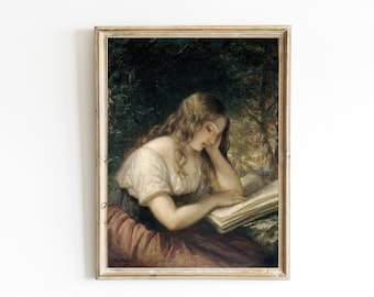Elegant Girl Reading by Daniel Huntington Printable | Feminine Art | Vintage Oil Painting | Bibliophile Oil Painting | Bookworm Gift Idea