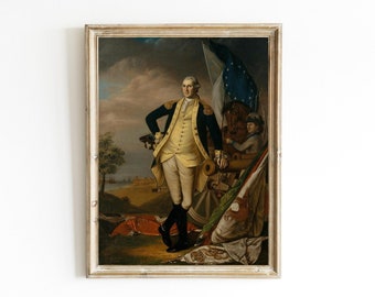 May include: A framed oil painting depicting George Washington in a military uniform, standing in front of a cannon and a flag. He is holding a sword in his right hand and a hat in his left hand. The painting is set against a backdrop of a landscape with trees and a body of water.