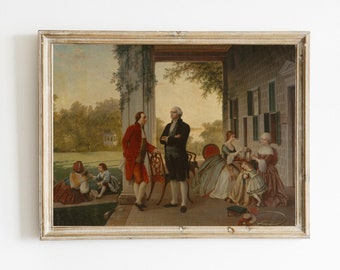 May include: An oil painting depicting a family scene. A man in a red coat stands with his hand on his hip, talking to another man in a black coat. A woman in a white dress sits on a chair, talking to another woman in a blue dress. Two children stand in front of them, and two more children play in the background.