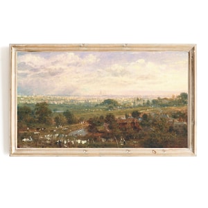 May include: A framed landscape painting with a vintage aesthetic. The artwork depicts a city skyline in the distance, with trees and a field in the foreground. The color palette includes soft greens, blues, and browns.