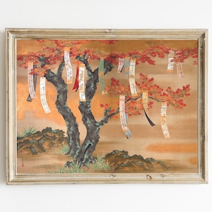 Japanese autumn maples with poem slips by Tosa Mitsuoki Printable, Japanese Maple Tree, Vintage Autumn Japan Scenery, Japanese Poetry Art