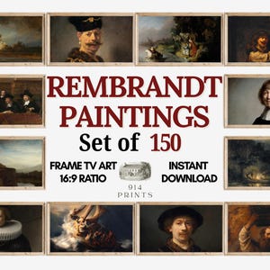 Puede incluir: Una colección digital de 150 pinturas de Rembrandt formateadas para arte de TV con una relación de aspecto 16:9. La pantalla muestra varios retratos y paisajes históricos en marcos rectangulares con el texto REMBRANDT PAINTINGS Set of 150.