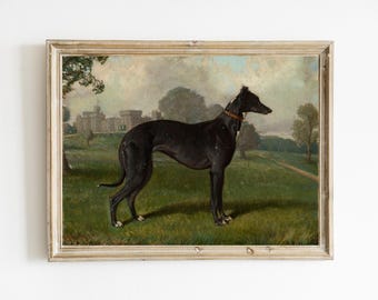 May include: An antique-style framed print of a black greyhound dog standing in a grassy field. The dog wears a brown collar and is set against a backdrop of a castle and trees. The artwork has a vintage aesthetic.