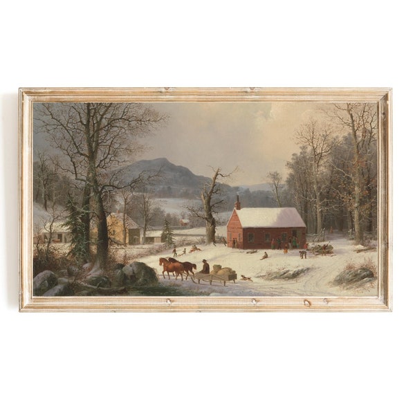 Winter Red School House Samsung Frame TV Art | Snowy Country Scene | Winter Landscape Frame TV | Christmas Art for Tv | Snow Scene TV Art