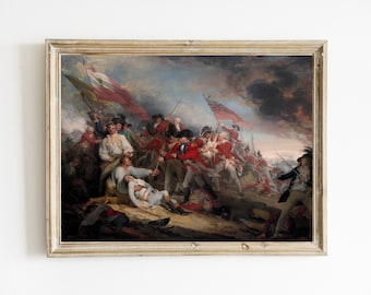 May include: A painting depicting a battle scene with soldiers in red uniforms fighting against other soldiers. The painting is set in a field with a cloudy sky in the background. There are flags waving in the wind, and some of the soldiers are falling to the ground.