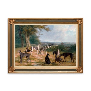 May include: A painting of a group of greyhounds in a wooded landscape. The dogs are in various poses, some running, some standing, and some lying down. The painting is done in a realistic style and features a muted color palette.