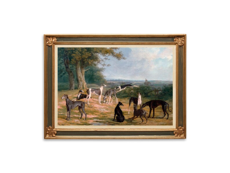 May include: A painting of a group of greyhounds in a wooded landscape. The dogs are in various poses, some running, some standing, and some lying down. The painting is done in a realistic style and features a muted color palette.