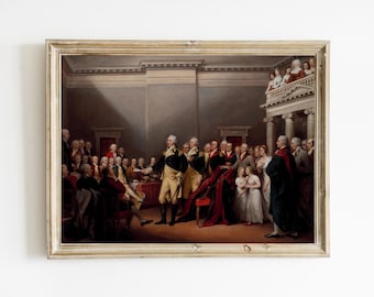 May include: A painting depicting a historical scene with a group of people in formal attire gathered in a room. The central figure is a man in a military uniform, standing and addressing the group. The painting is framed in a light wood frame.