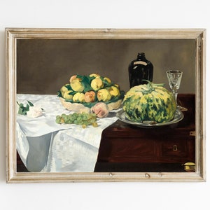 Edouard Manet - Still Life with Melon and Peaches Printable | European Fruit Basket | Country Kitchen Print | Moody Fruit | Impressionist