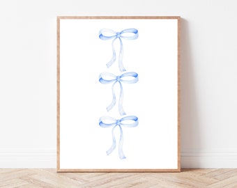 Watercolor Blue Bow Trio Art Print | Instant Download | Grand Millennial | Feminine Dainty Illustration | Nursery Room Decor | Kids Room