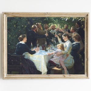 Puede incluir: Una pintura de un grupo de personas reunidas alrededor de una mesa al aire libre, levantando sus copas en un brindis. La escena está ambientada en un jardín con exuberante vegetación y la luz del sol que se filtra a través de los árboles. Las personas están vestidas con atuendos formales, y la mesa está puesta con un mantel blanco y copas de vino.