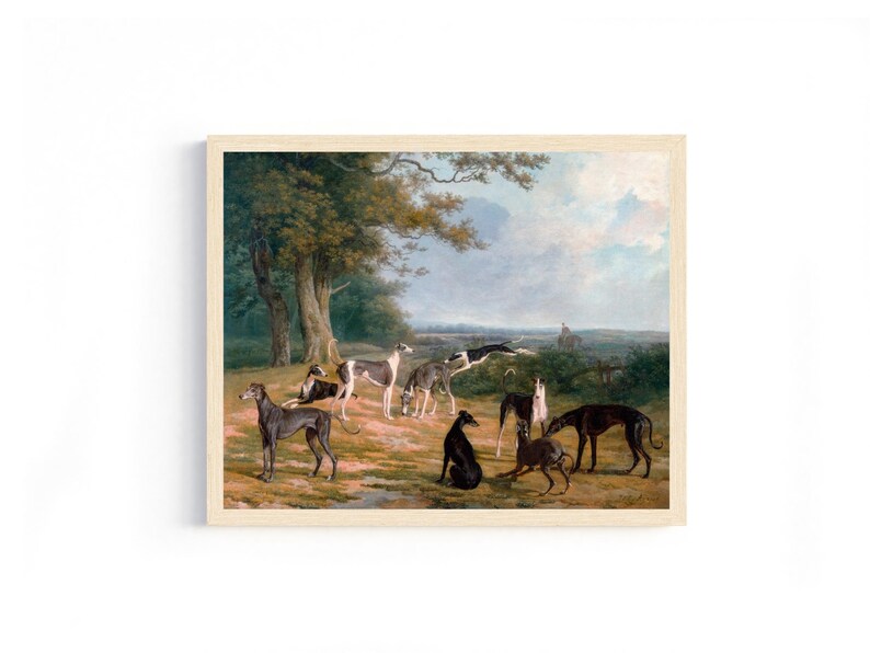 May include: A vintage oil painting depicting a group of greyhounds in a grassy field. The dogs are in various poses, some standing, some lying down, and some running. The painting is set against a backdrop of a lush green forest and a blue sky with white clouds.