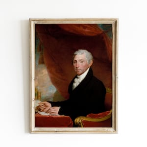 May include: A framed oil painting of a man in a black suit and white cravat. He is seated in a red chair with a red curtain behind him. He is holding a piece of paper in his right hand and a quill pen in his left hand.