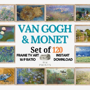 Van Gogh & Monet TV-konst med ram, 120 st | Vintage berömd impressionistisk konst | Direkt nedladdning | Fransk konstnär | Holländsk målare