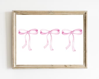 Trio di fiocchi rosa acquerello stampabili / Grande arte millenaria / Decorazione per la cameretta delle bambine / Illustrazione femminile delicata / Cameretta per bambini