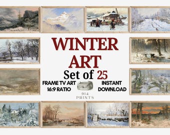 Cozy Winter Season Frame TV Art Set of 25 Bundle | Snow Landscape Painting | Christmas Village | Instant Download | Winter Evergreen
