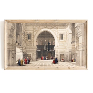 May include: A watercolor painting depicting the interior of a mosque. The mosque has a large arched doorway and intricate stonework. People are gathered in the courtyard, some are praying.